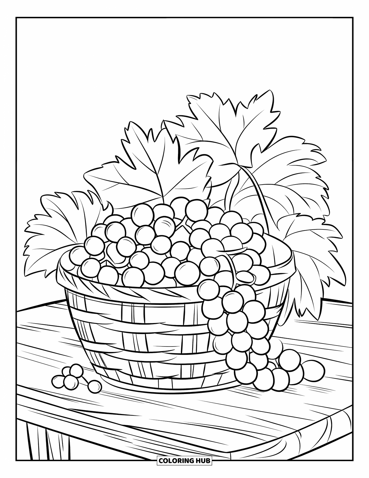 Purple Coloring Page for Kids: Basket of grapes and leaves on a wooden table