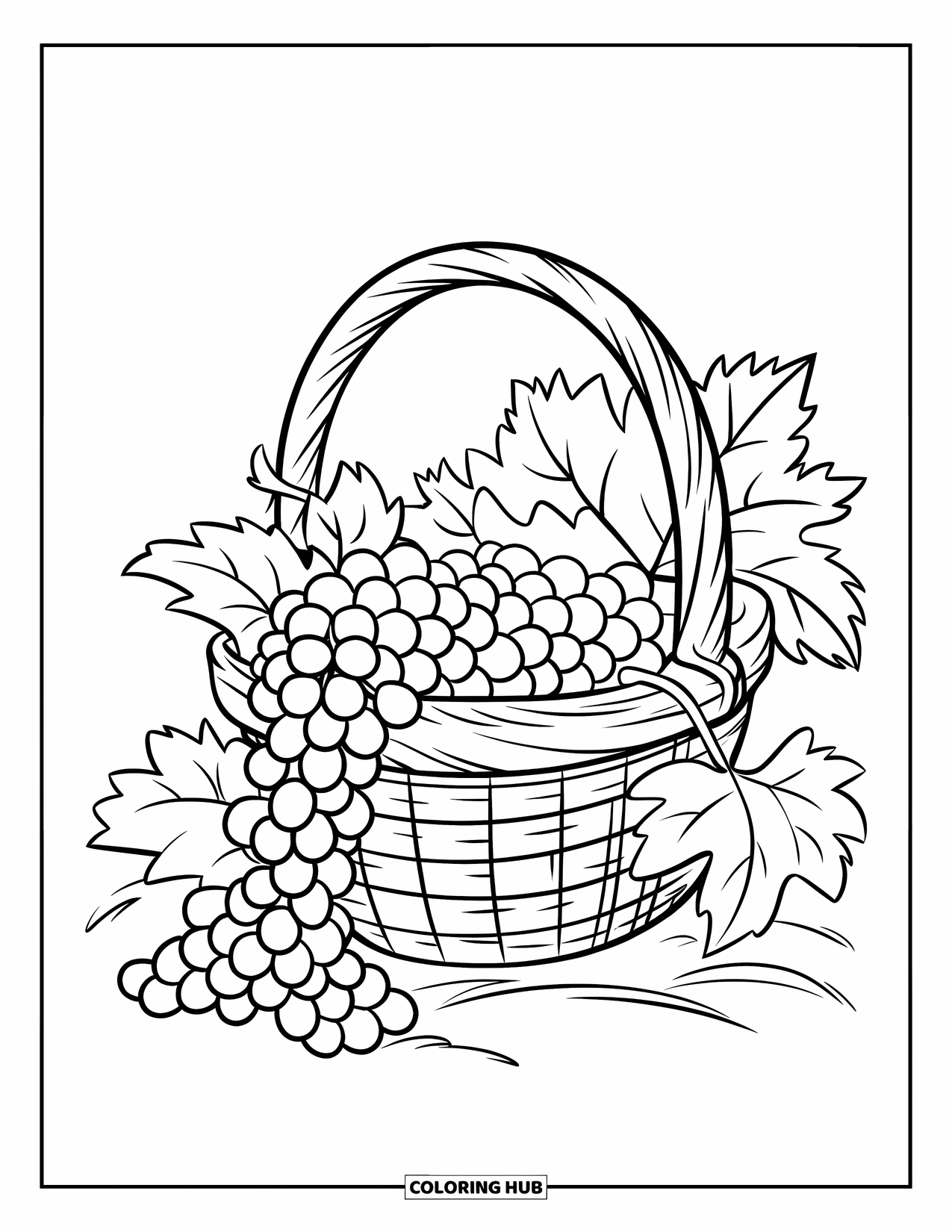 Purple Coloring Page for Kids: Basket of grapes held by a wooden post