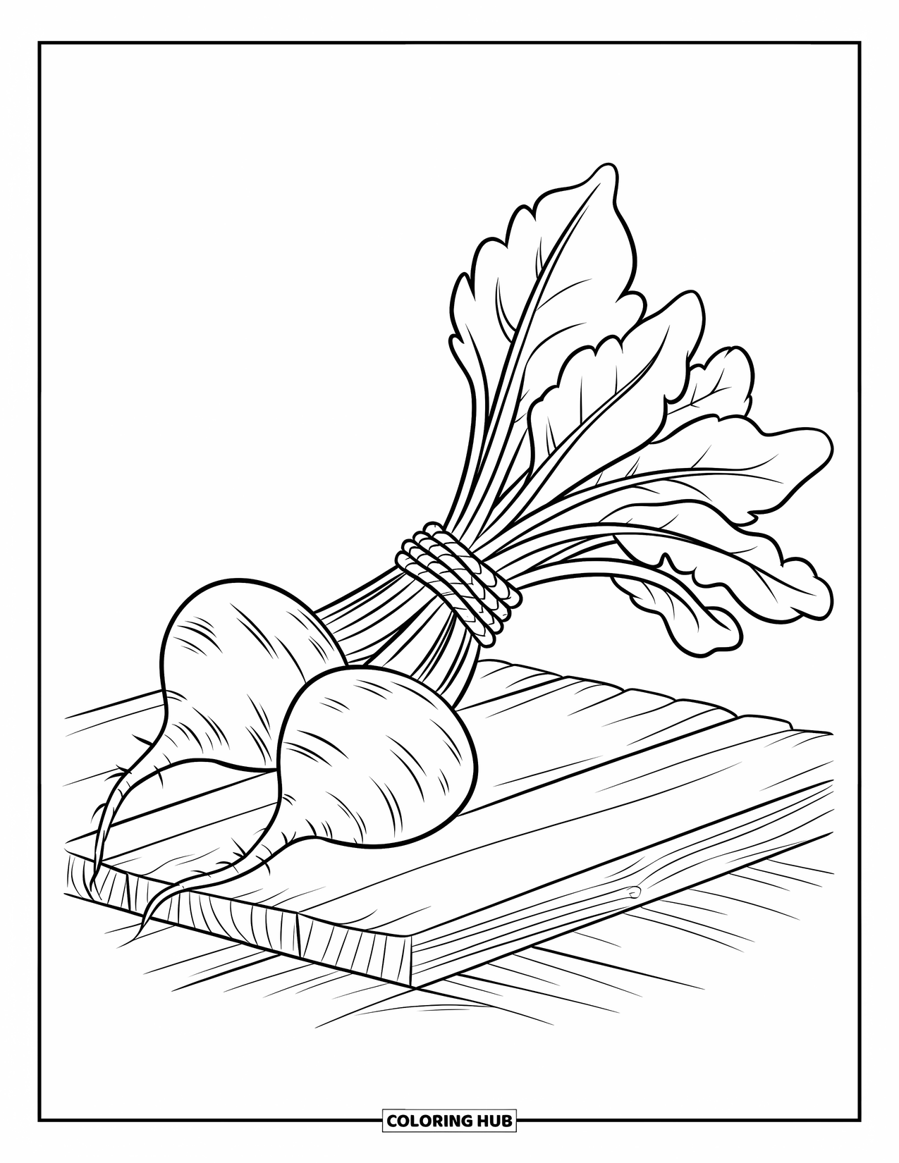 Purple Coloring Page for Kids: Beetroot bundle tied with rope on a wooden platform