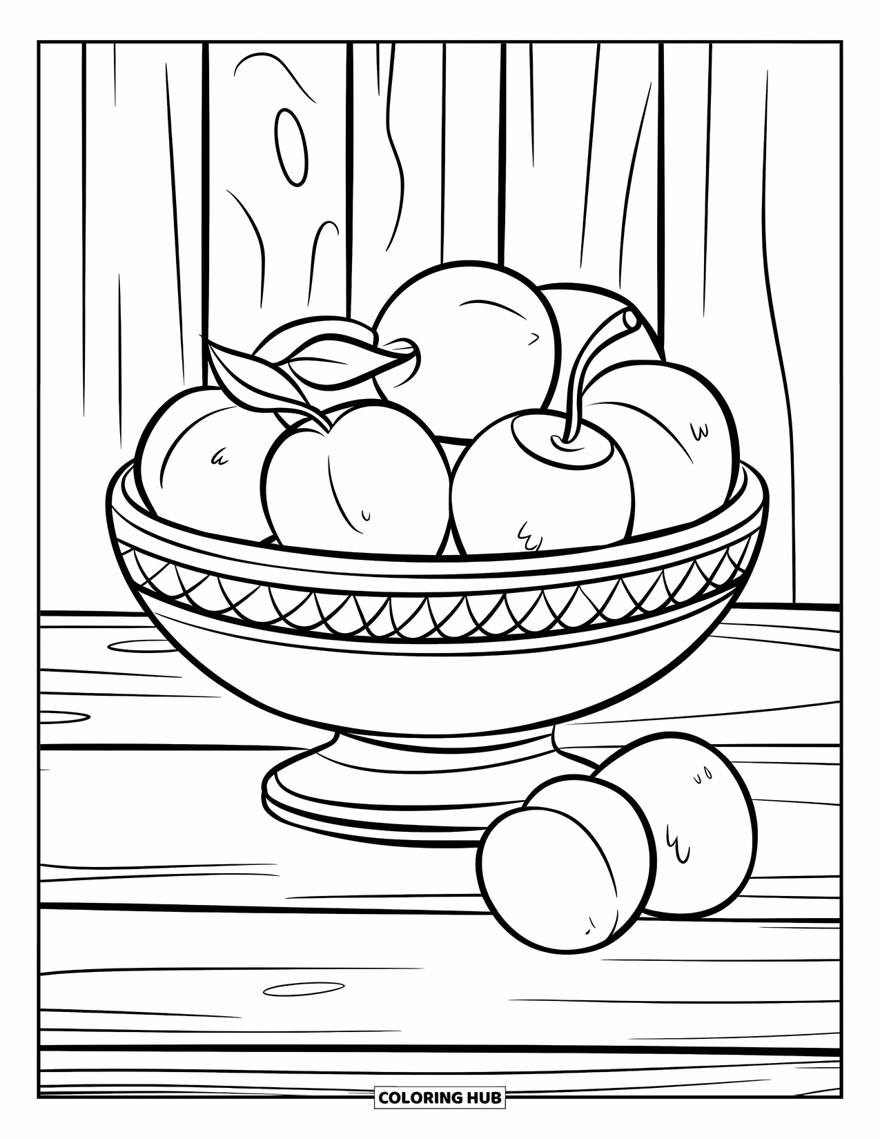 Purple Coloring Page for Kids: Bowl of plums with a few scattered on the ground