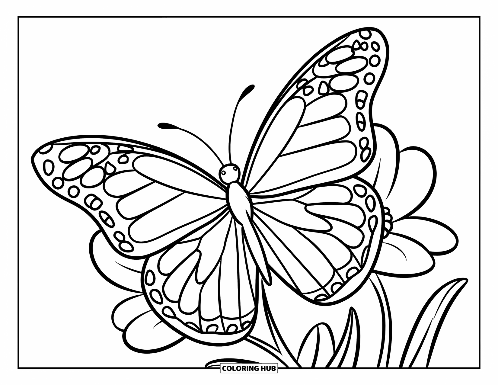 Purple Coloring Page for Kids: Butterfly with wide wings sitting on a flower