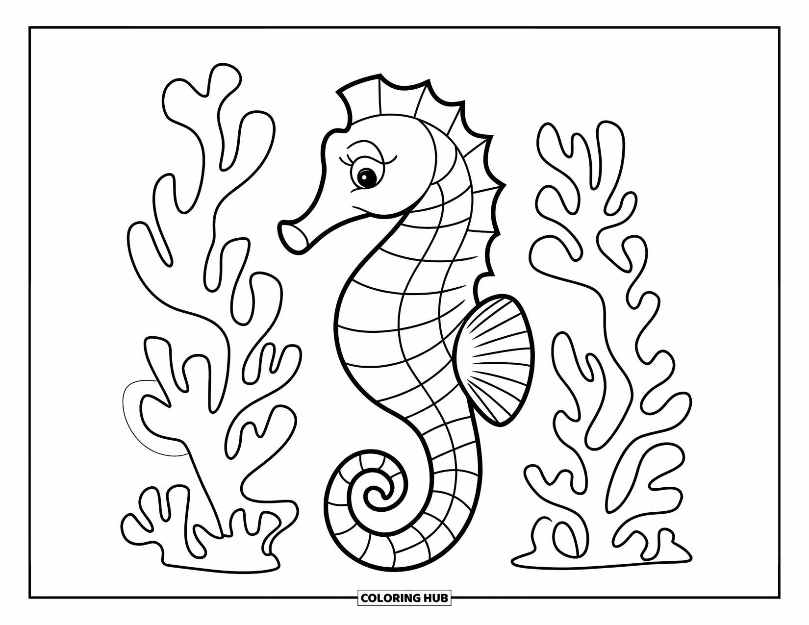 Purple Coloring Page for Kids: Curved seahorse surrounded by a cluster of coral branches