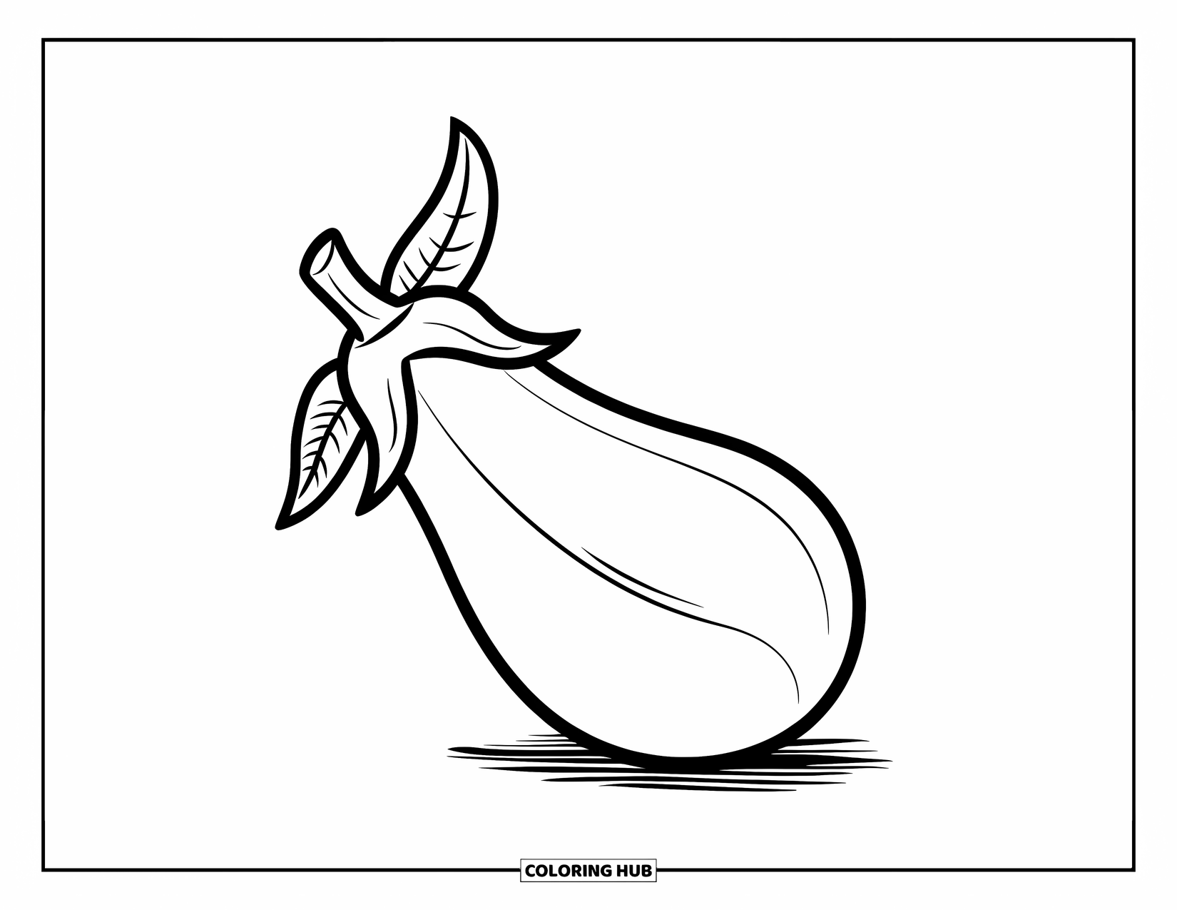 Purple Coloring Page for Kids: Eggplant with green leaf sitting on a surface