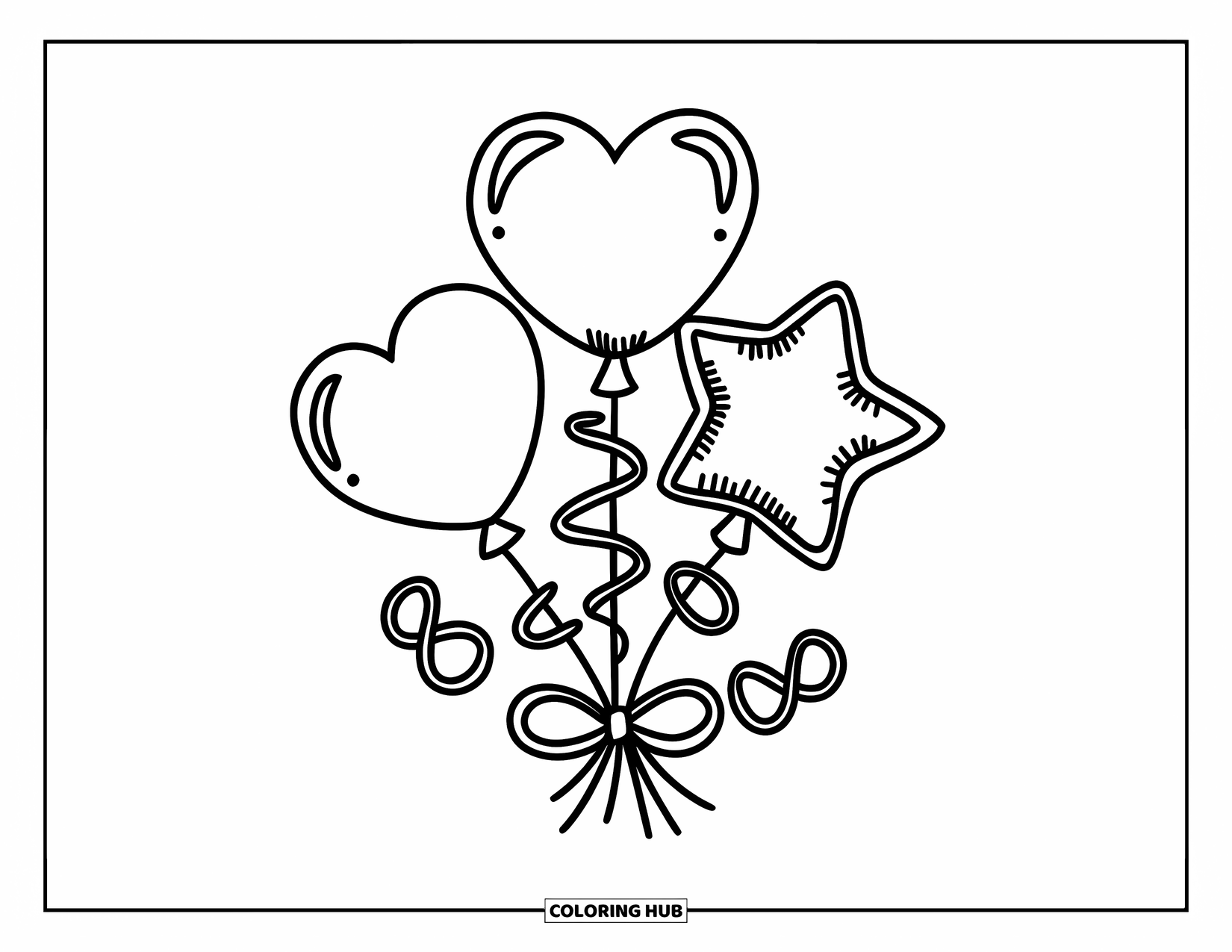 Purple Coloring Page for Kids: Heart, star, and circle balloons tied with a ribbon bow