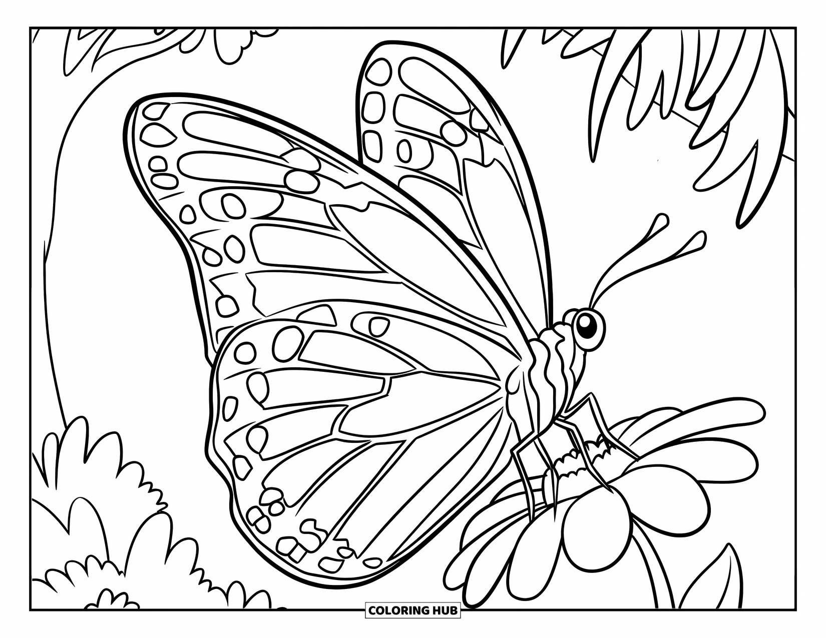 Purple Coloring Page for Kids: Large butterfly sitting on a flower in a forest