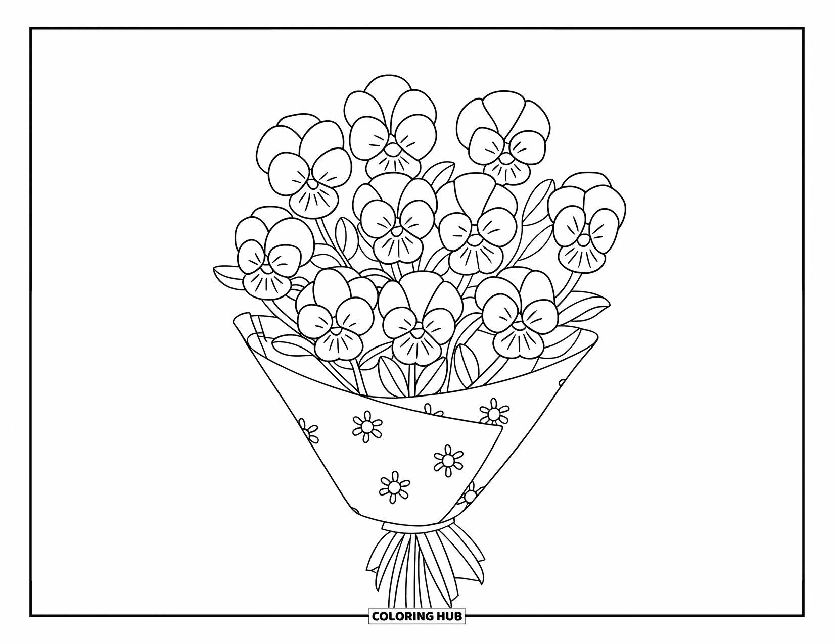 Purple Coloring Page for Kids: Nine pansies wrapped in patterned paper