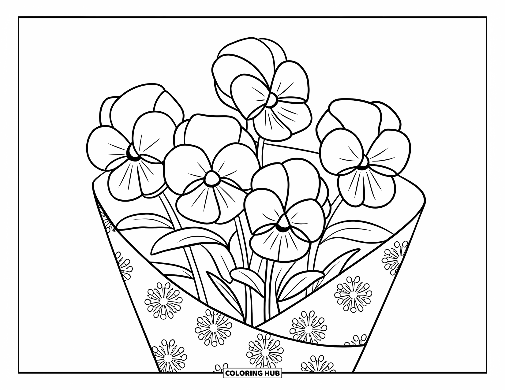 Purple Coloring Page for Kids: Pansy bouquet with floral patterned wrapping paper