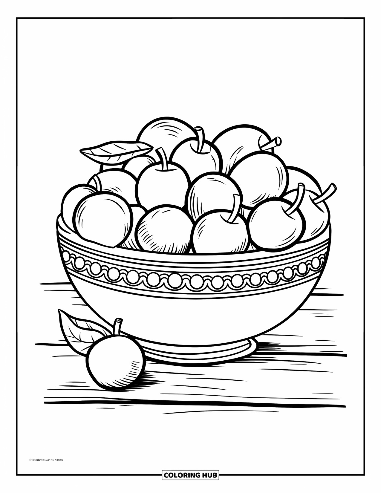 Purple Coloring Page for Kids: Patterned bowl filled with plums on a wooden surface