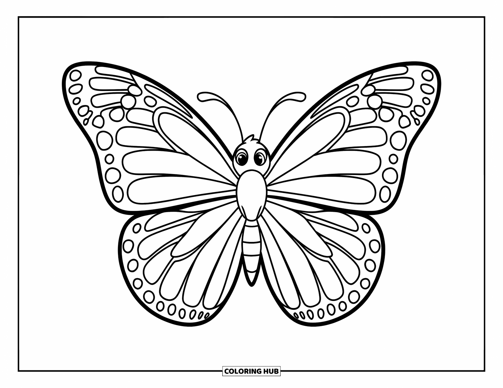 Purple Coloring Page for Kids: Playful butterfly with wide wings on a white background