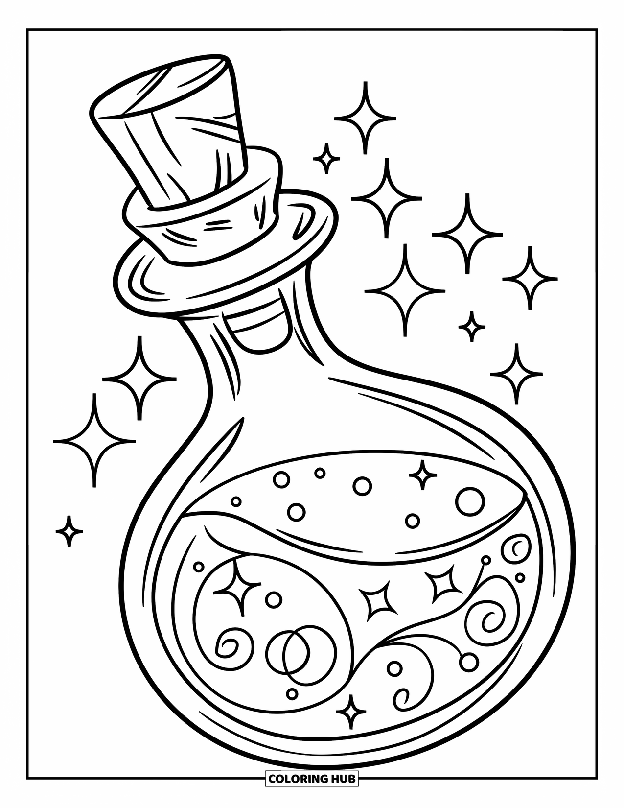 Purple Coloring Page for Kids: Potion bottle with ornate swirls surrounded by sparkles