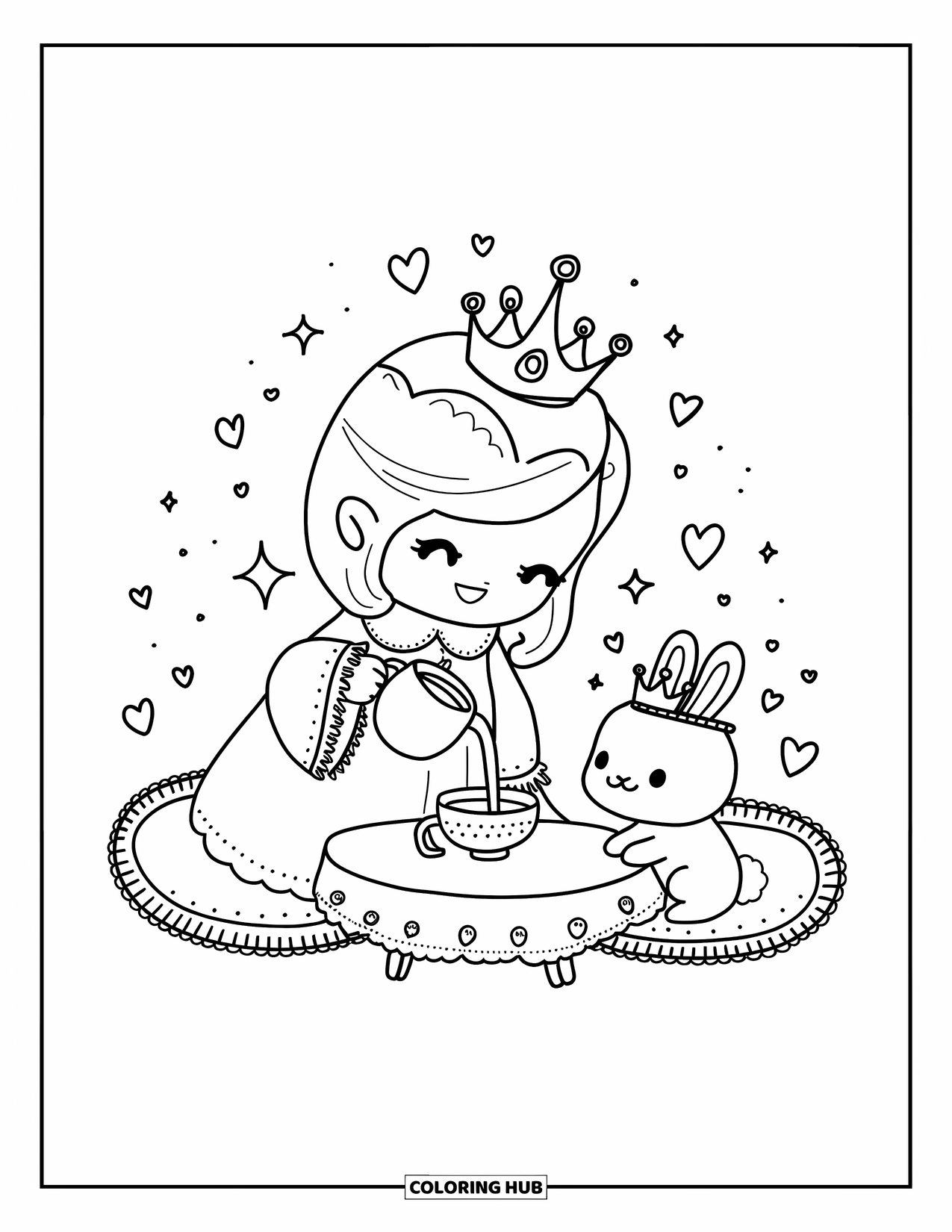 Queen Coloring Page for Adults: A cheerful queen pours tea for her crowned bunny friend at a low table
