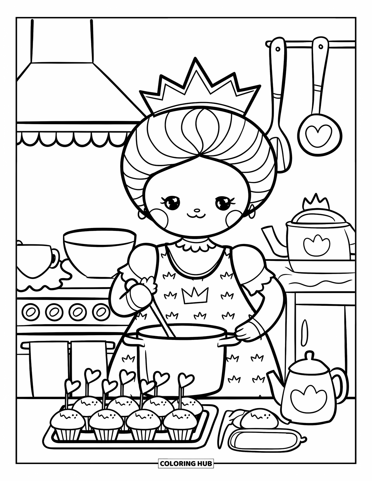 Queen Coloring Page for Adults: A cheerful queen stirs a pot in her kitchen surrounded by playful mini items