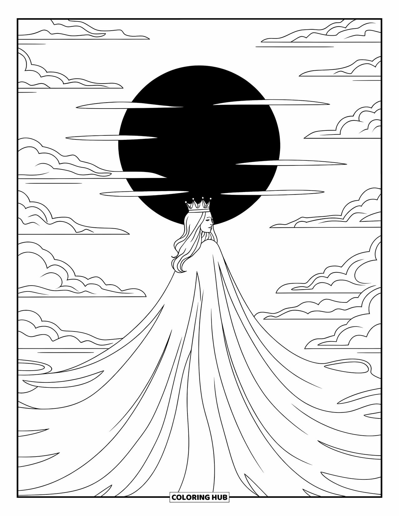 Queen Coloring Page for Adults: A crowned queen stands beneath a sky darkened by a full eclipse