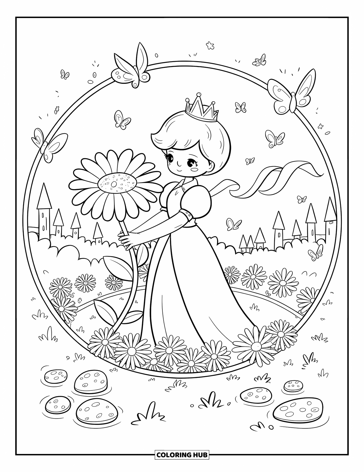 Queen Coloring Page for Adults: A kawaii queen holds a giant daisy in a garden near a castle