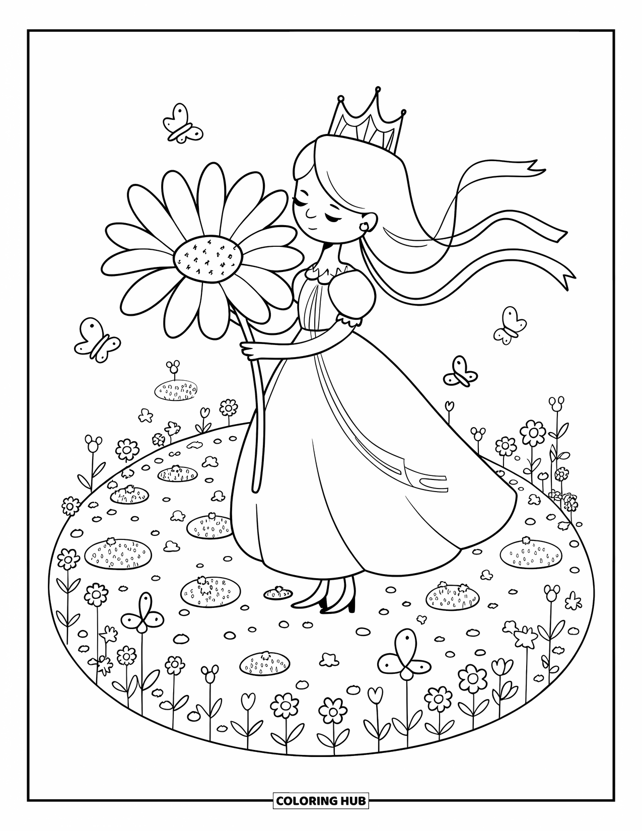 Queen Coloring Page for Adults: A queen stands in a garden holding a sparkling daisy with butterflies nearby