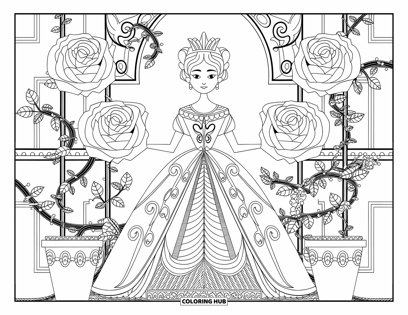 Queen Coloring Page for Adults: A regal queen stands among roses, vines, and ornate decorations