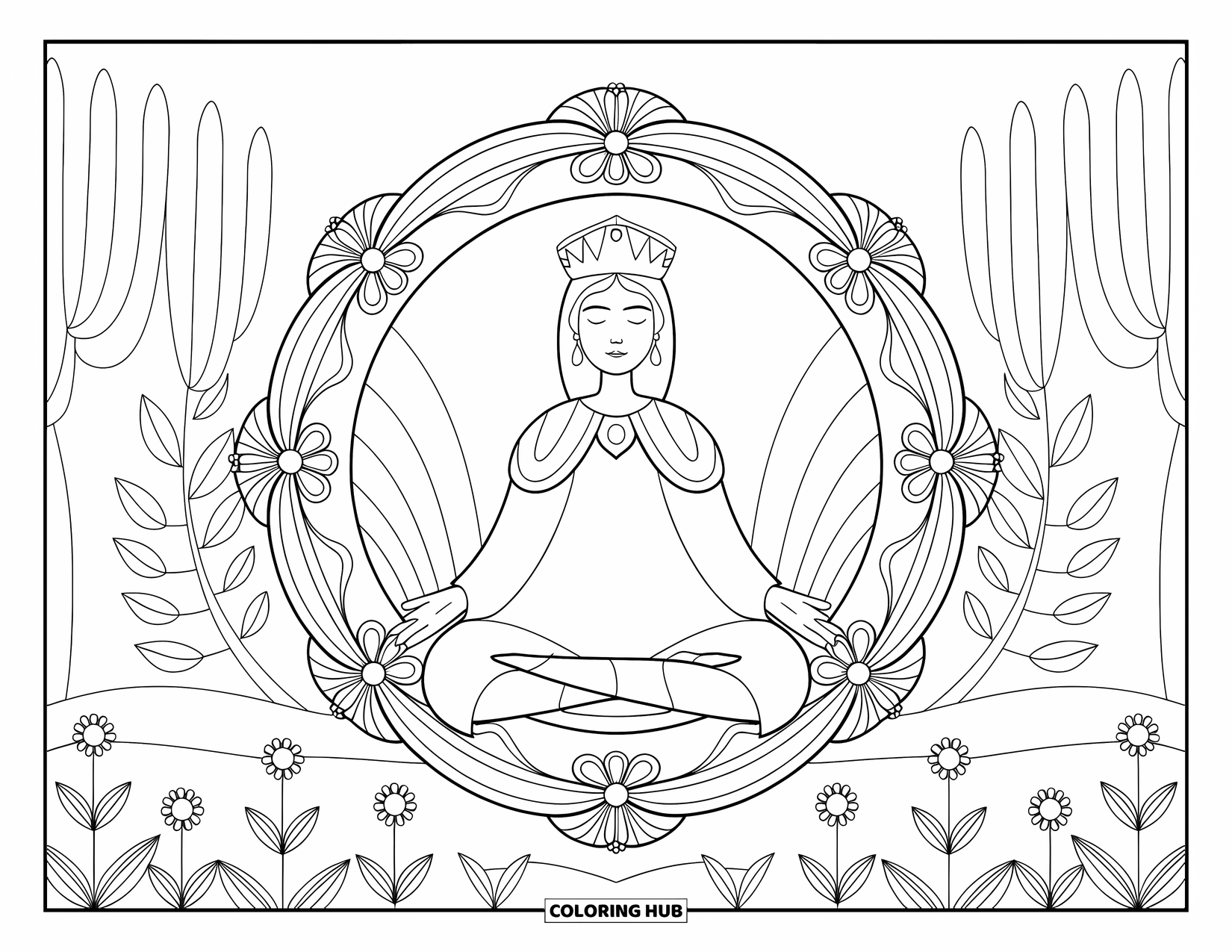Queen Coloring Page for Adults: A serene queen meditates in a lush garden with tall plants and flowers