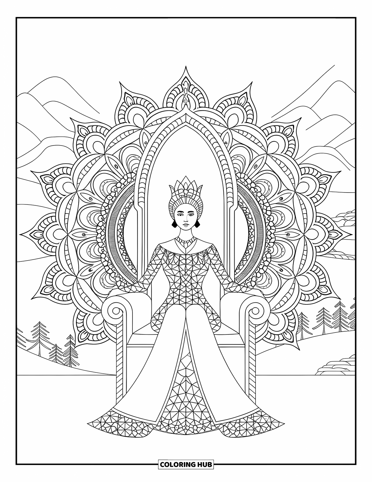 Queen Coloring Page for Adults: A serene queen sits on an ornate throne with mandalas and a scenic backdrop