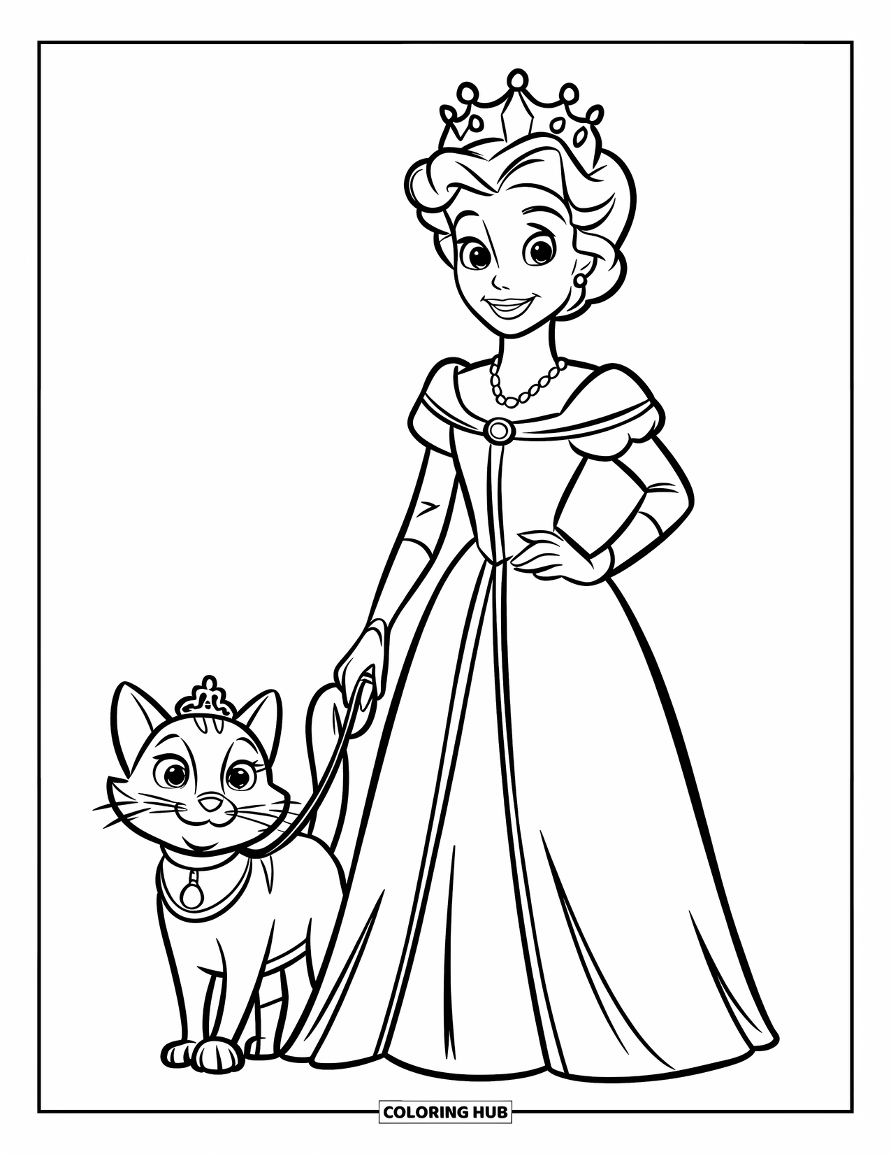 Queen Coloring Page for Kids: A cheerful queen holds her collared cat while standing in a castle courtyard