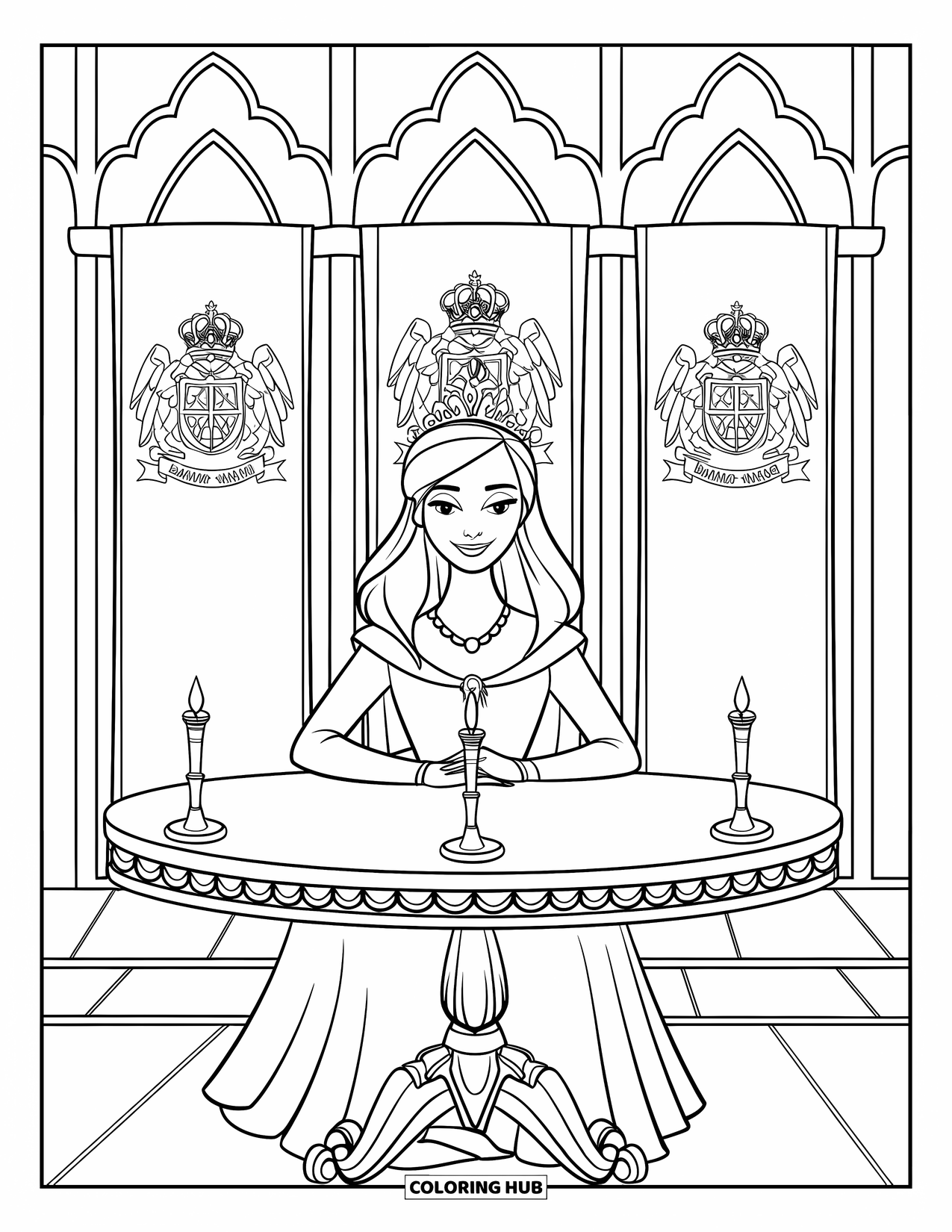 Queen Coloring Page for Kids: A confident queen sits near arched windows with banners and candlesticks behind her