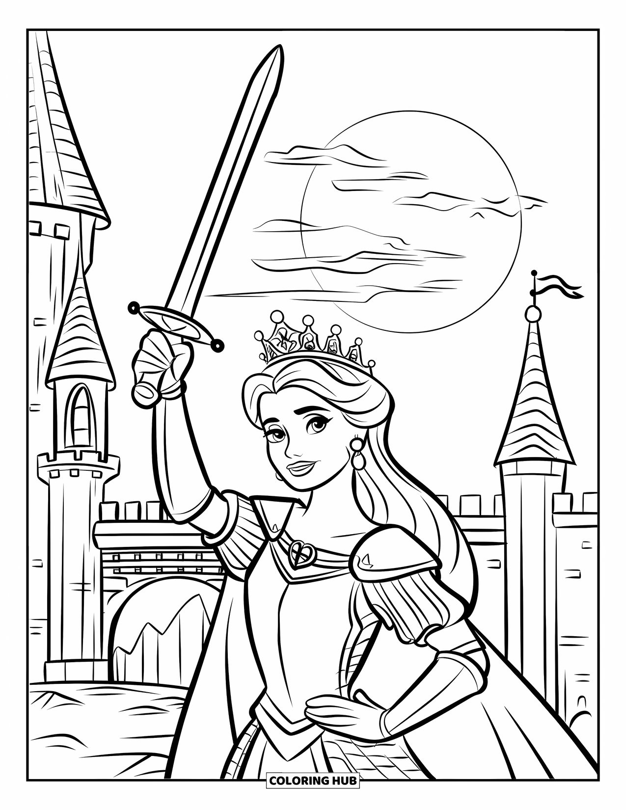 Queen Coloring Page for Kids: A crowned queen in armor raises her sword with a castle nearby