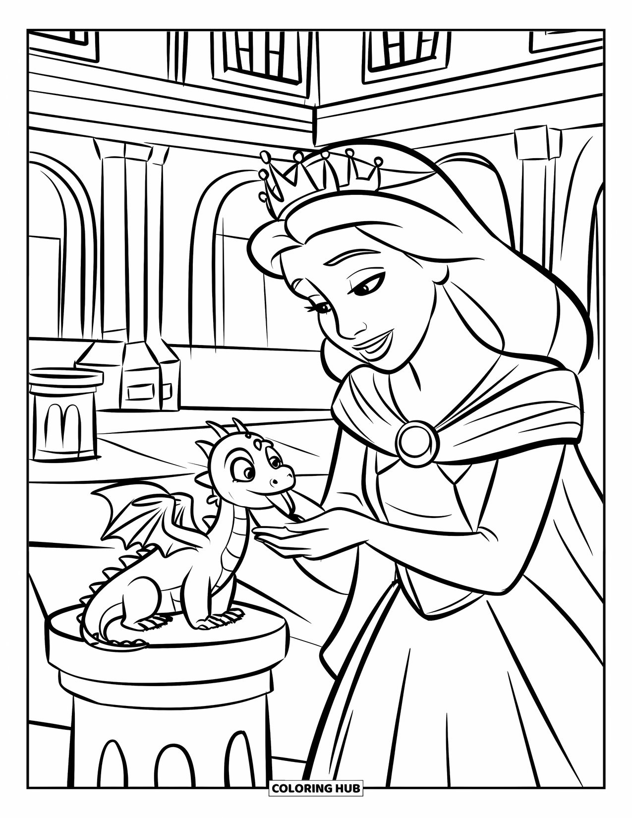 Queen Coloring Page for Kids: A crowned queen offers food to a winged dragon in a castle courtyard