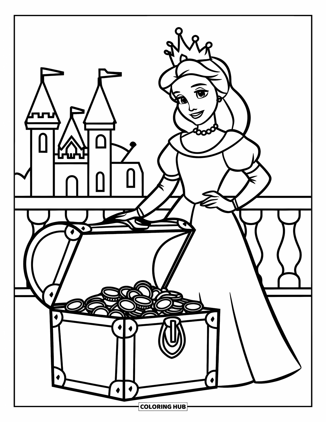 Queen Coloring Page for Kids: A crowned queen stands proudly beside an overflowing treasure chest near a castle