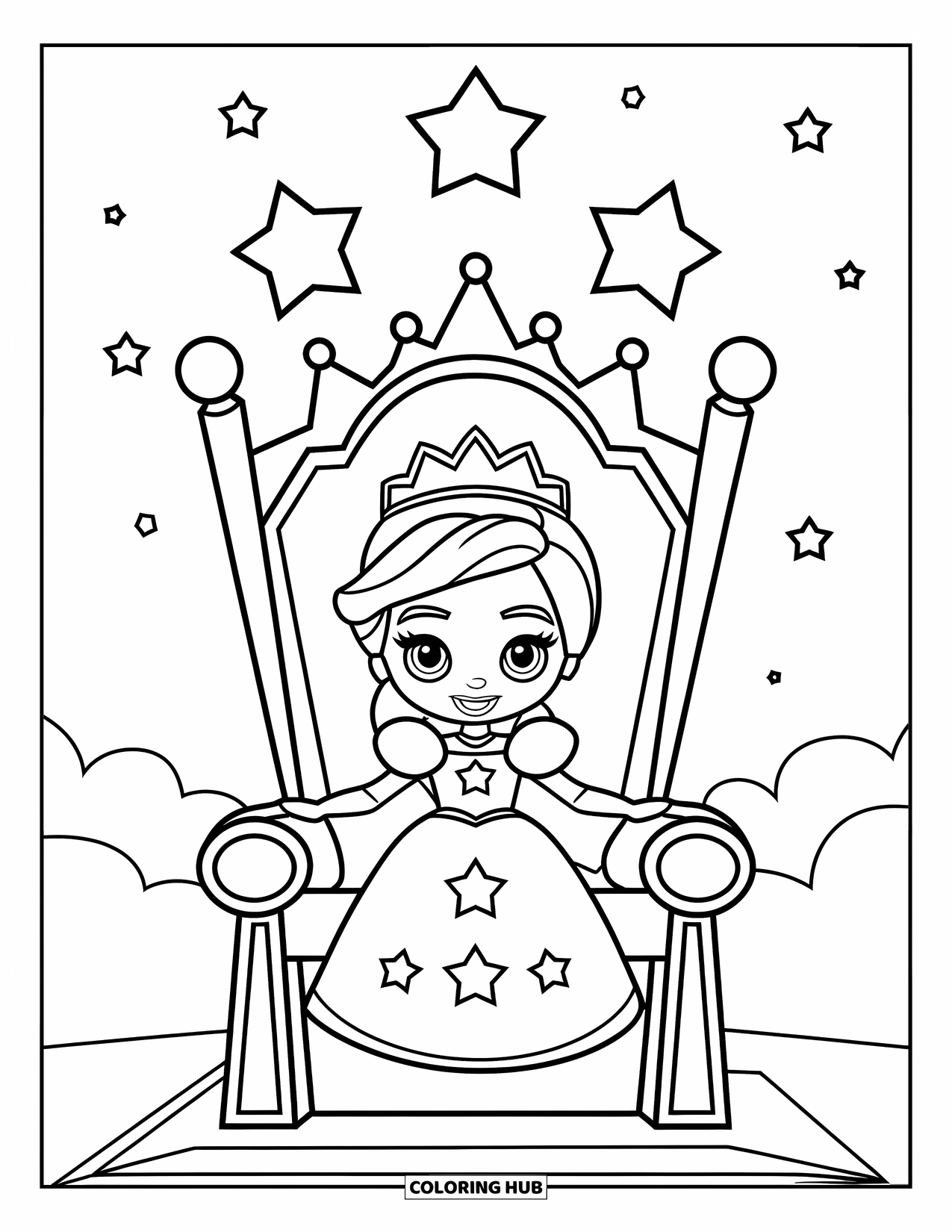Queen Coloring Page for Kids: A cute queen sits on a tall throne beneath sparkling stars in the sky
