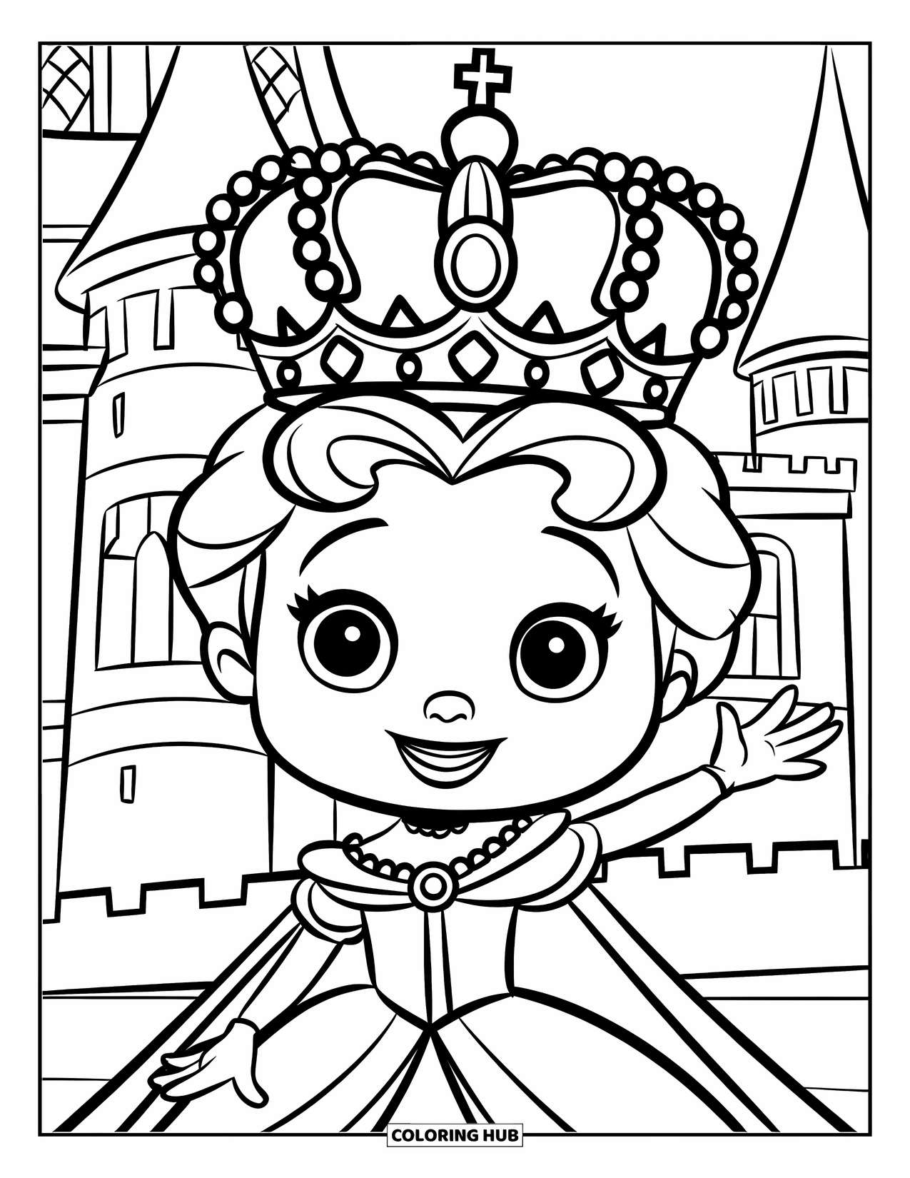 Queen Coloring Page for Kids: A cute queen waves happily outside a castle with tall towers