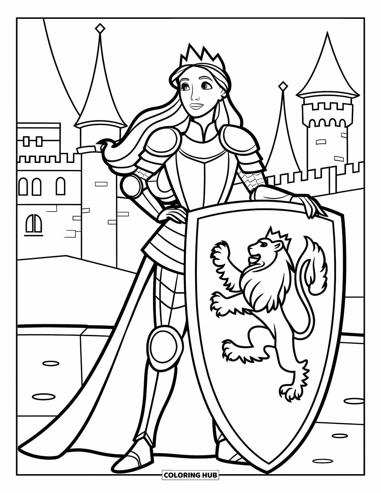Queen Coloring Page for Kids: A flowing-haired queen in armor stands by a lion-emblazoned shield with castle towers