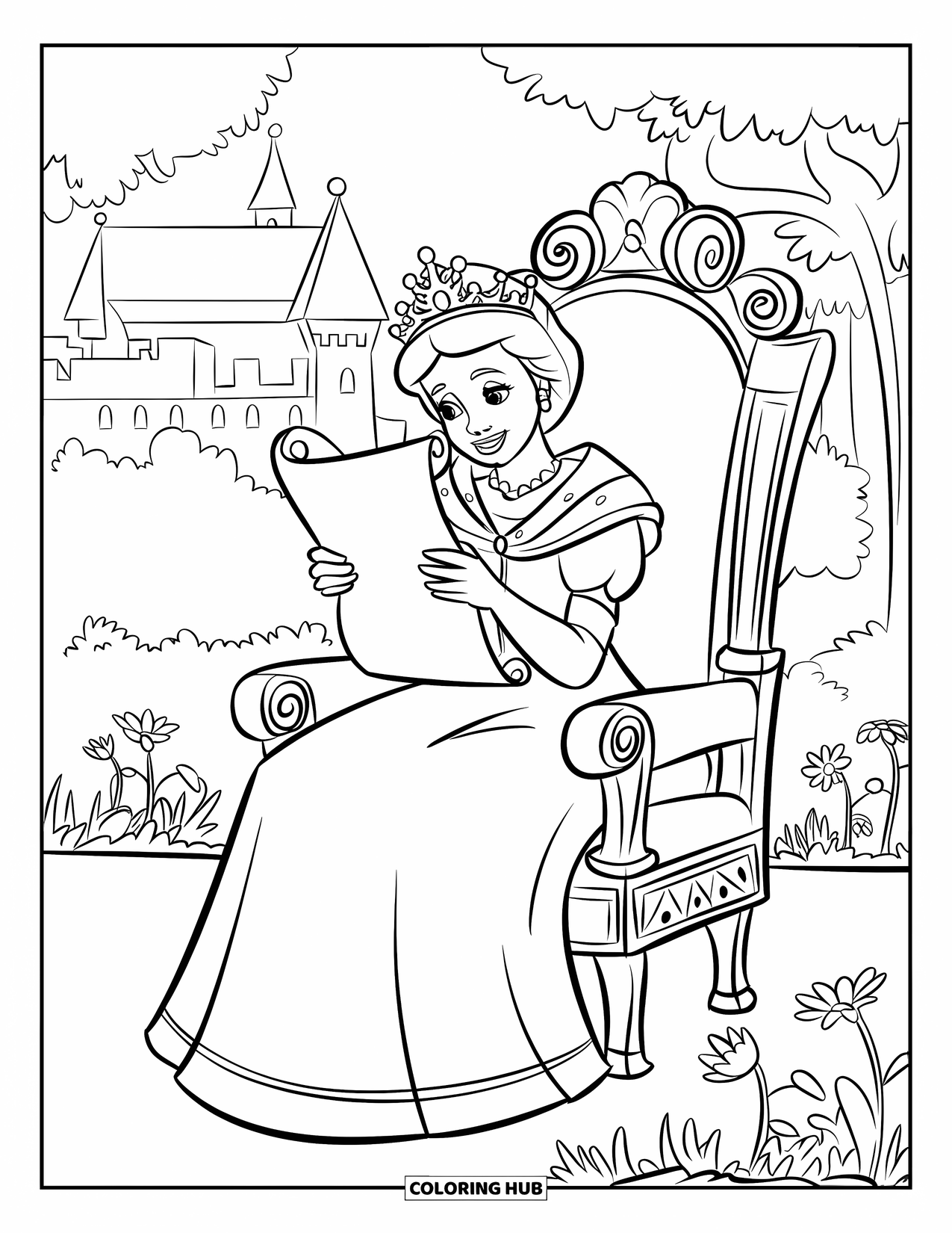 Queen Coloring Page for Kids: A friendly queen reads a scroll while sitting in a flower-filled royal garden