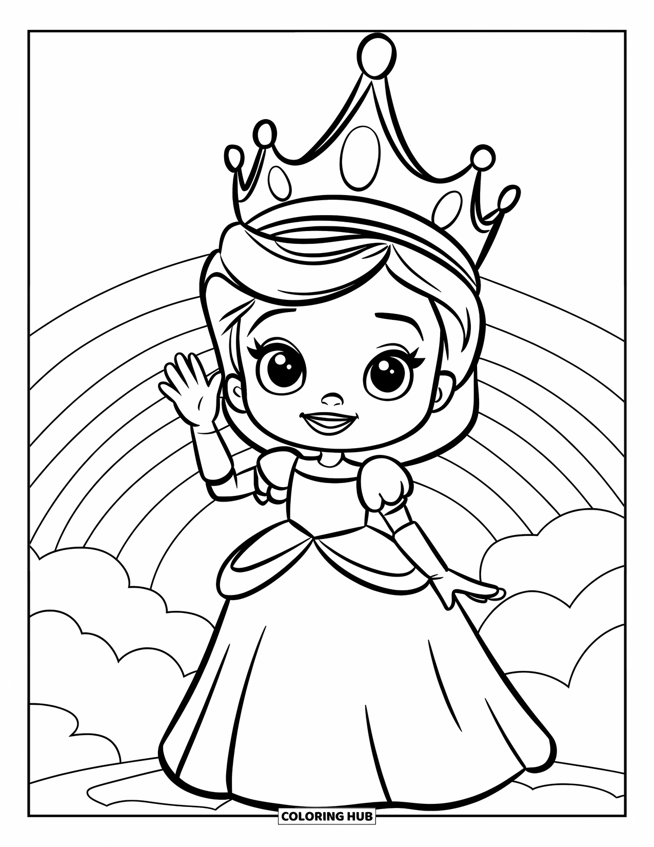 Queen Coloring Page for Kids: A happy queen waves while standing on a cloud with a rainbow behind her
