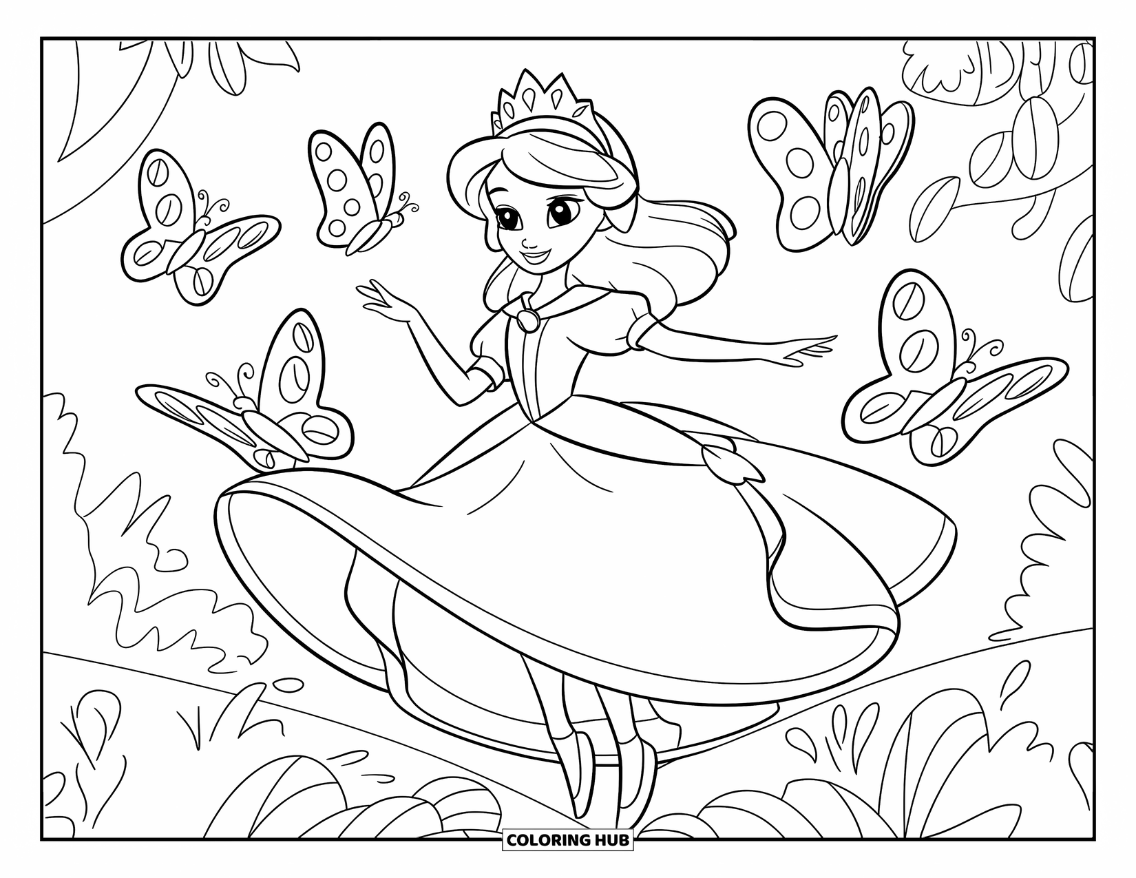 Queen Coloring Page for Kids: A joyful queen dances with butterflies in a lush forest