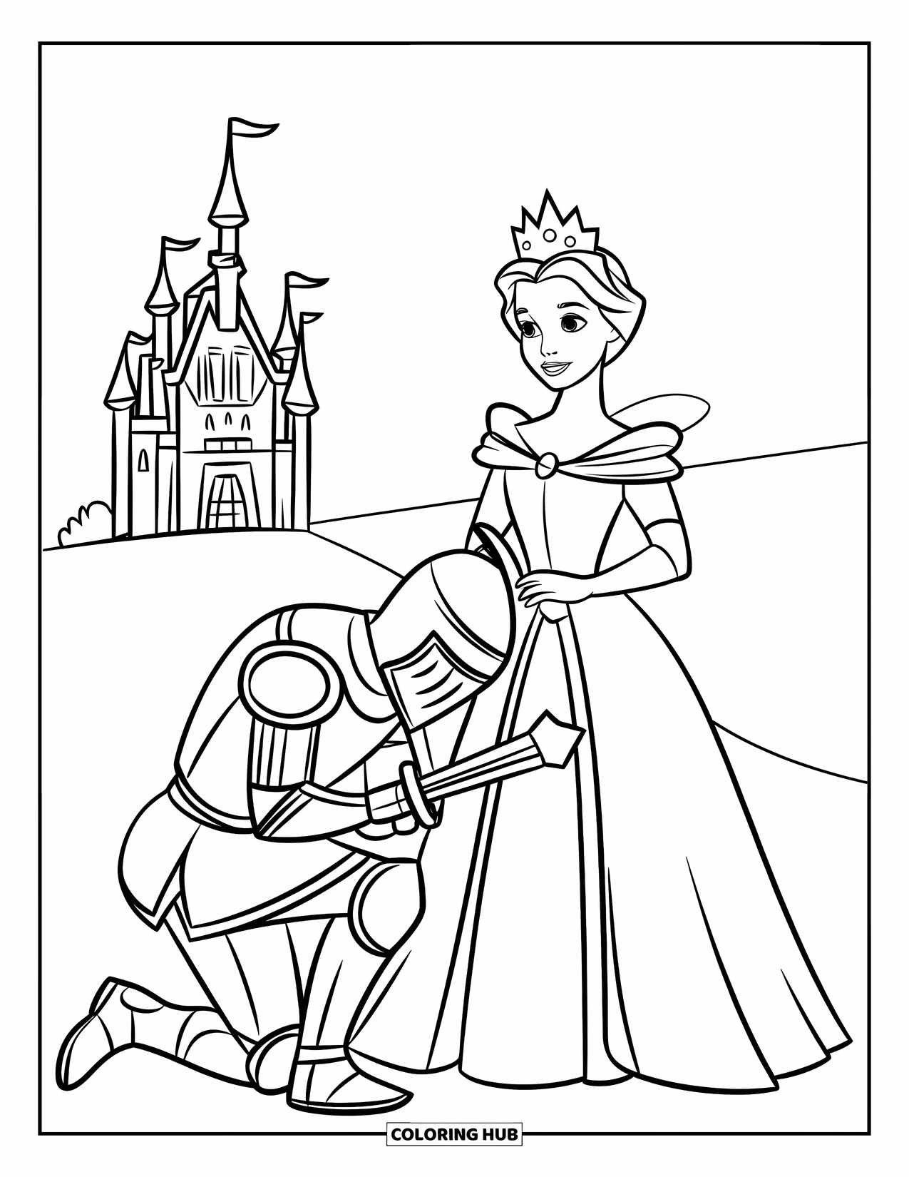 Queen Coloring Page for Kids: A loyal knight bows beside a royal queen with a castle backdrop