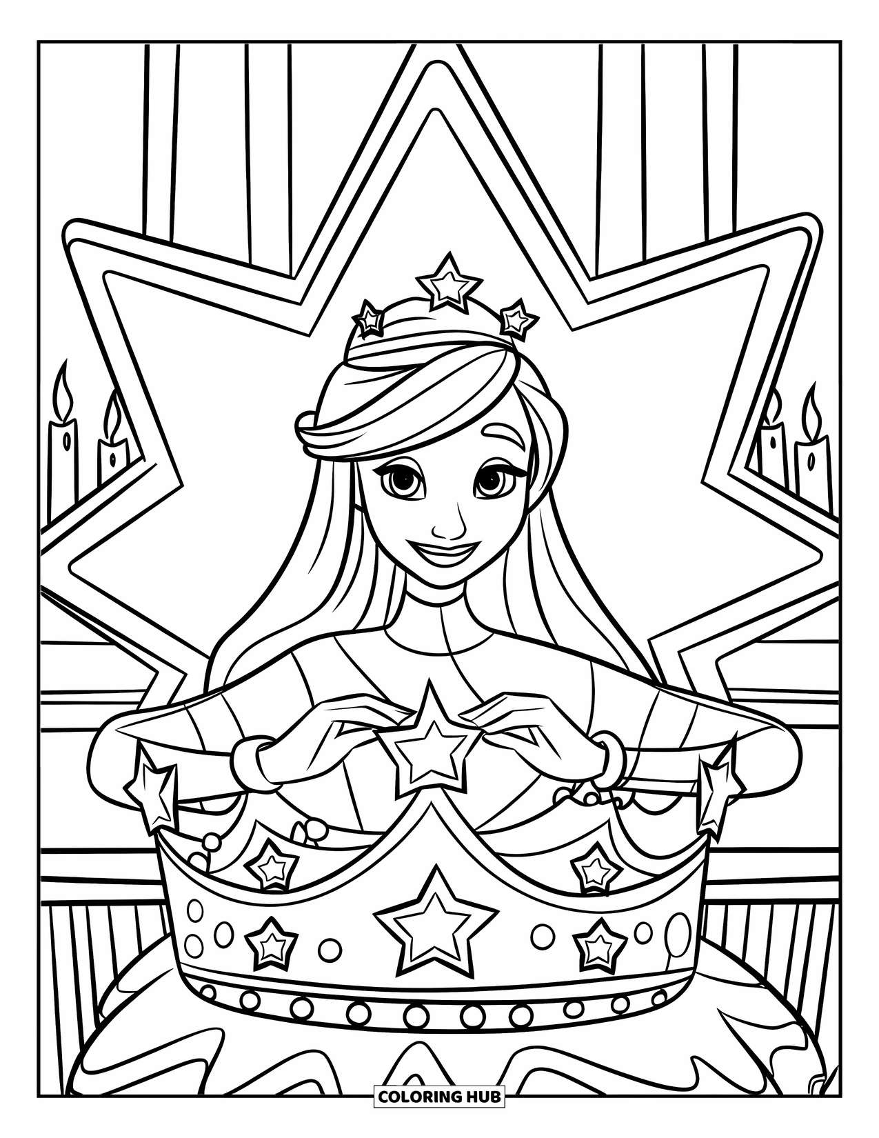 Queen Coloring Page for Kids: A queen decorates her starry crown while seated on a star-shaped throne