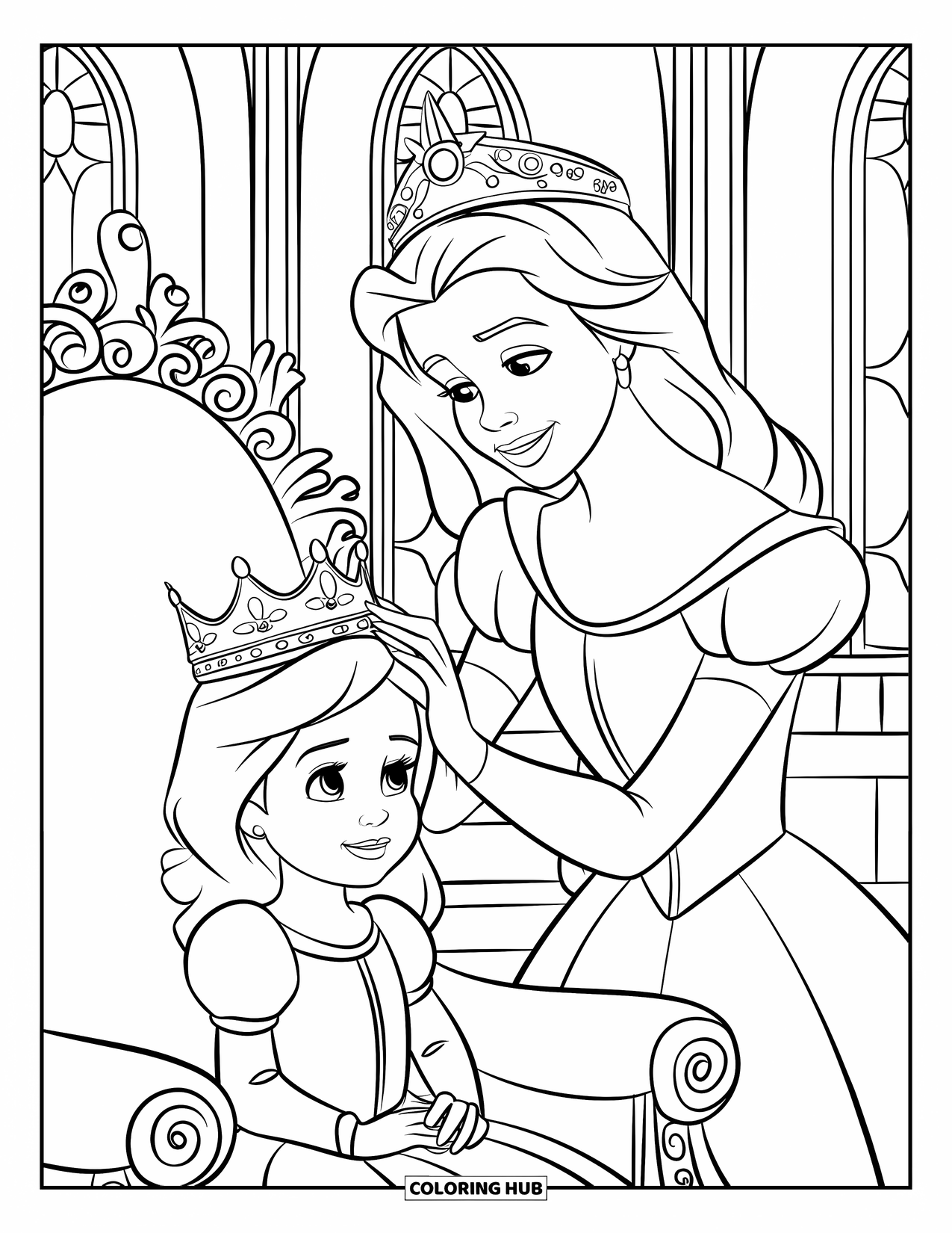 Queen Coloring Page for Kids: A queen gently places her crown on a young princess's head