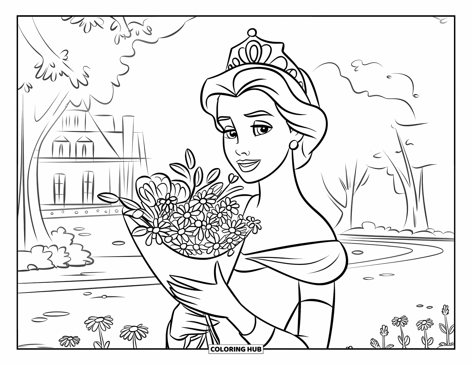 Queen Coloring Page for Kids: A queen holds a bouquet of flowers while standing in a palace garden