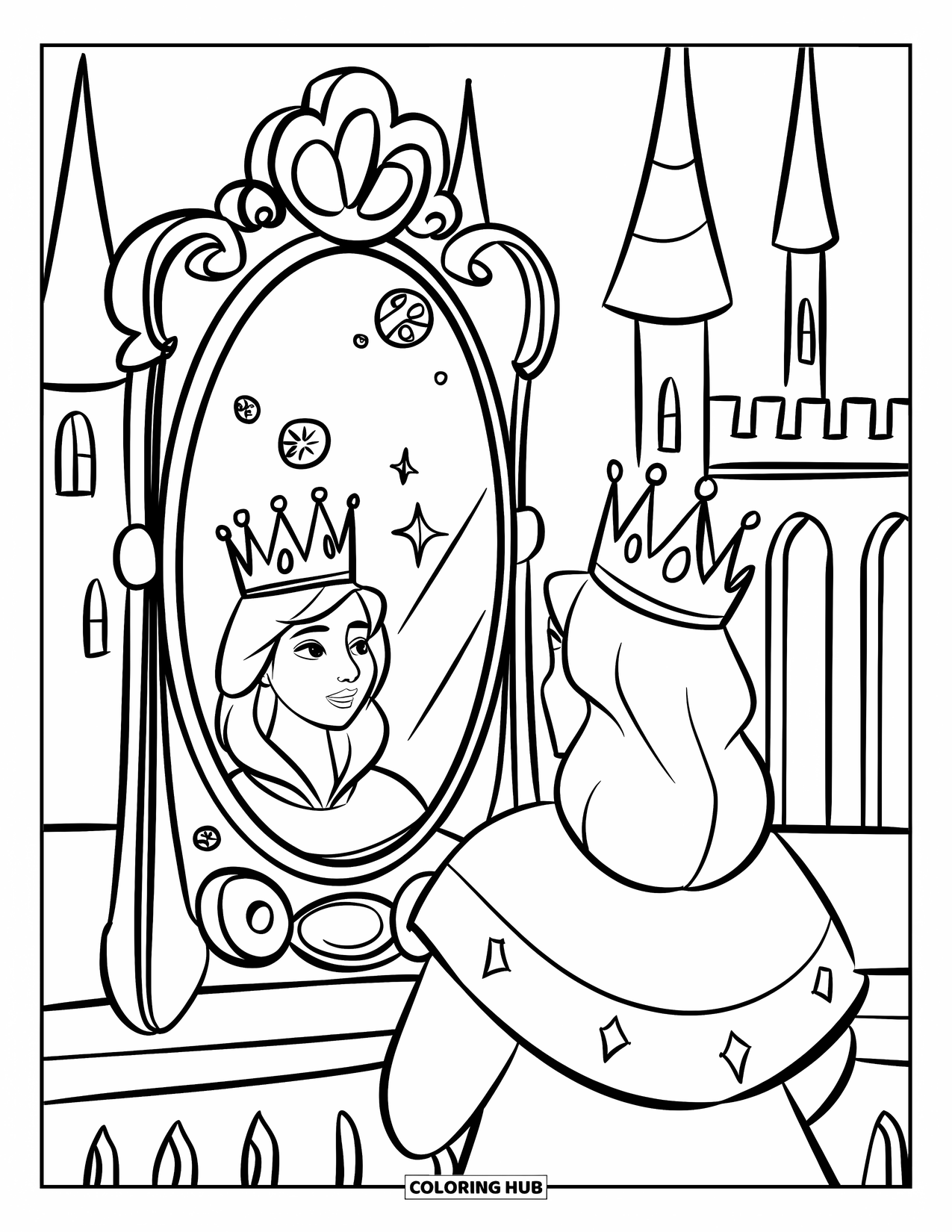 Queen Coloring Page for Kids: A queen in a castle gazes into a magical mirror surrounded by symbols