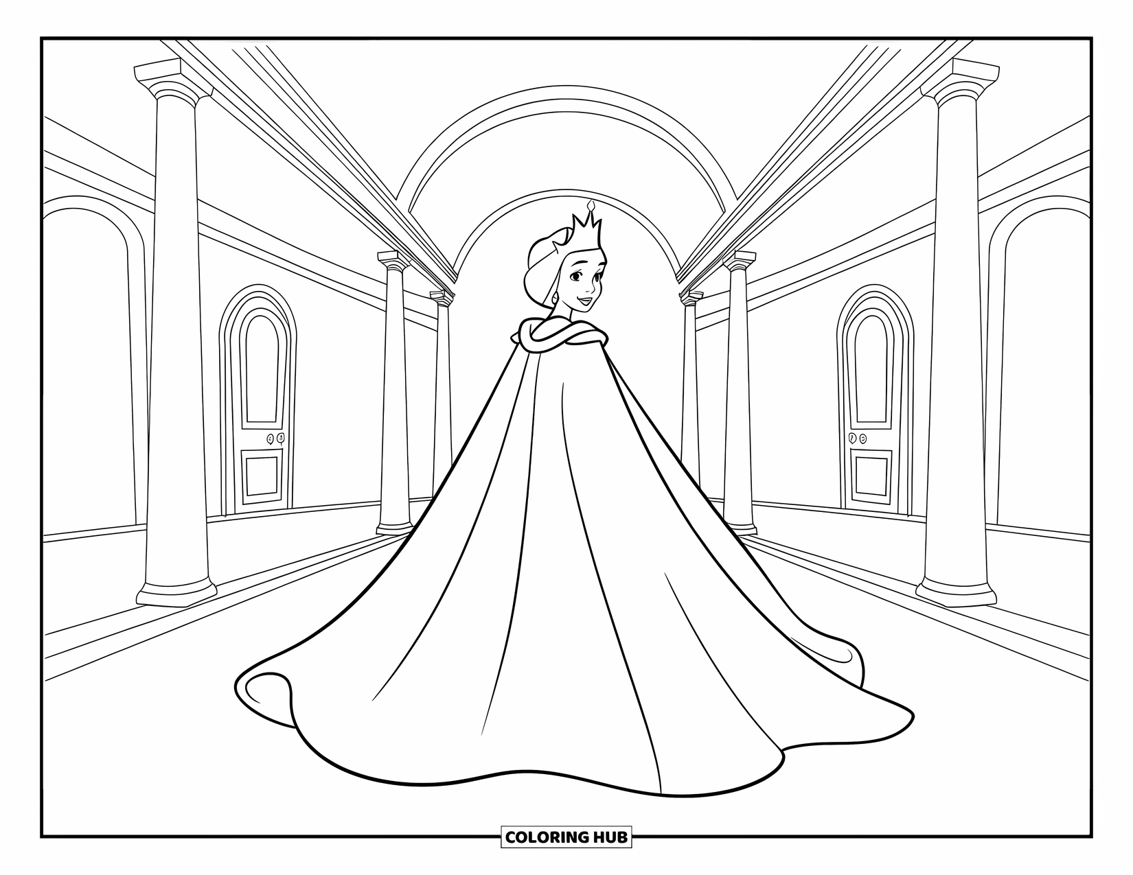 Queen Coloring Page for Kids: A queen in a flowing cape walks through a grand palace hall