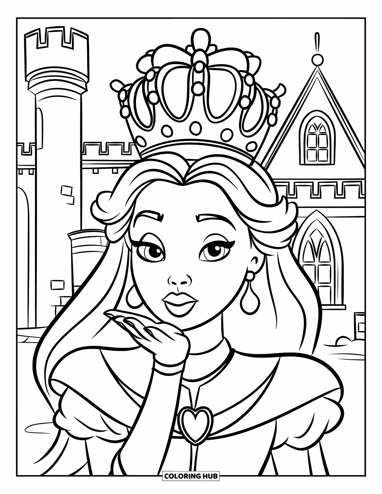 Queen Coloring Page for Kids: A queen in a flowing gown blows a kiss in front of a castle