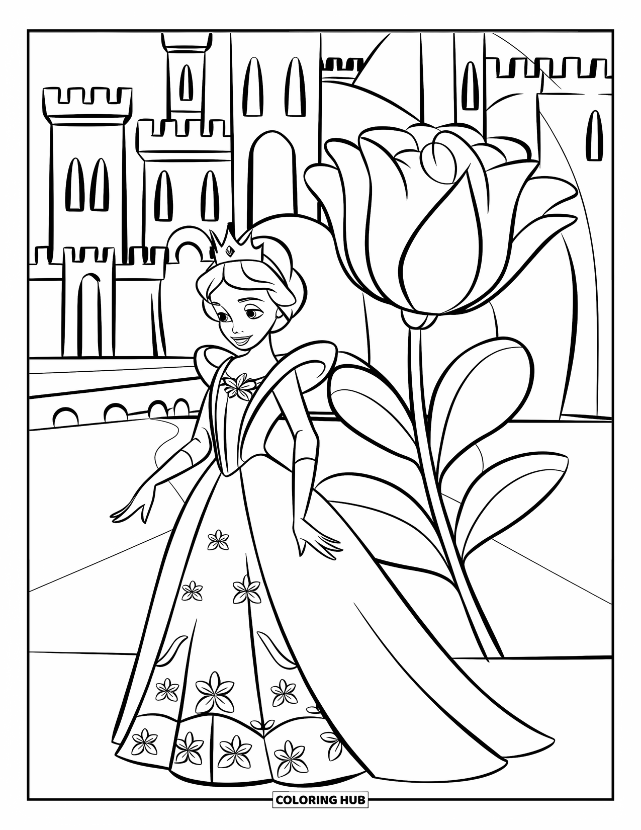 Queen Coloring Page for Kids: A queen in a patterned gown stands near a tall flower with a castle behind