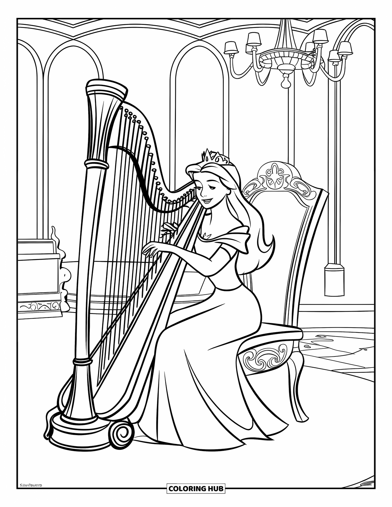 Queen Coloring Page for Kids: A queen in a regal gown plays a harp in a grand music room