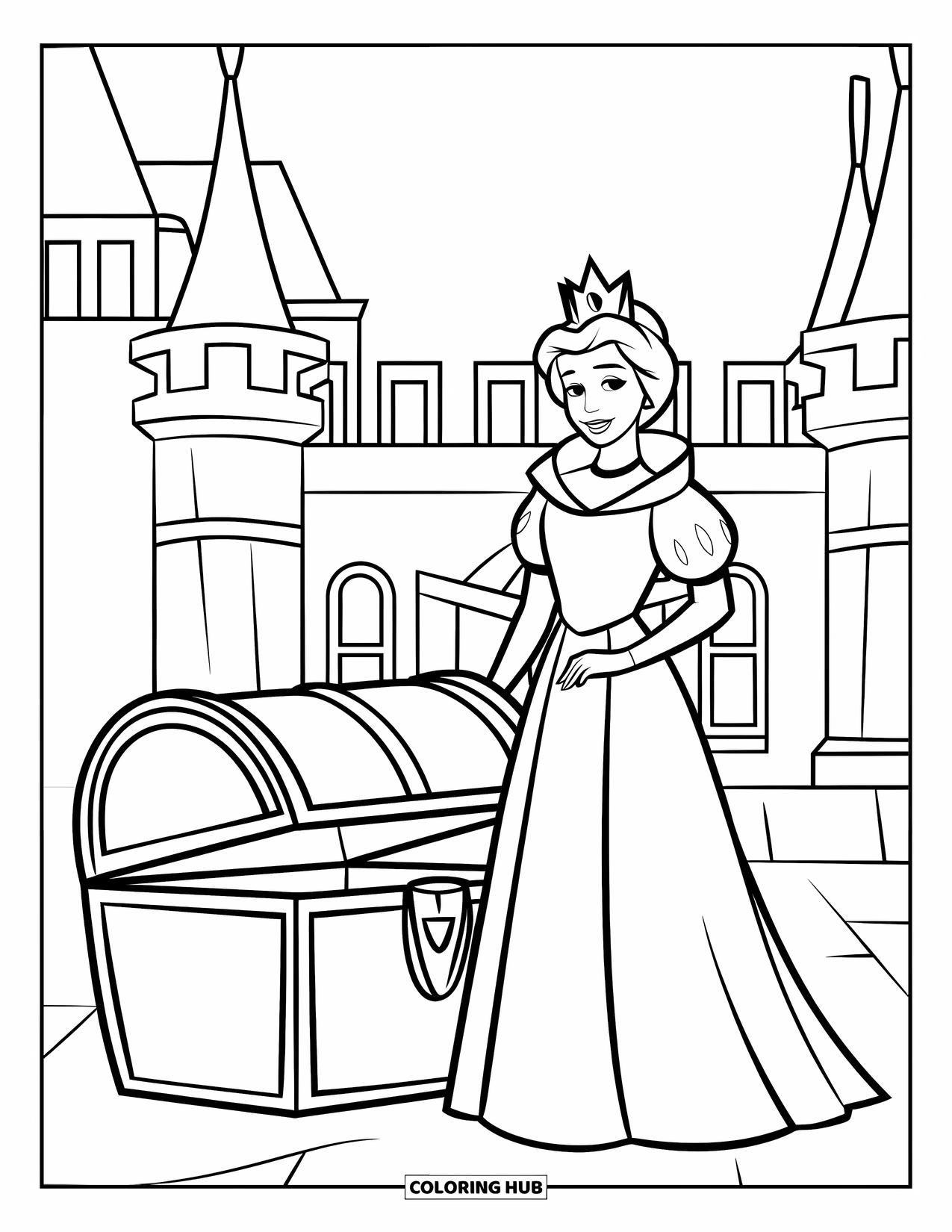 Queen Coloring Page for Kids: A queen in a regal gown stands near a large treasure chest by a castle