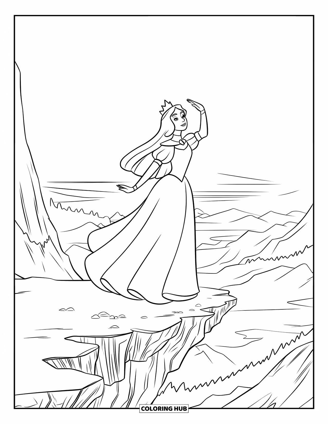 Queen Coloring Page for Kids: A queen raises her hands while standing on a misty mountain ledge