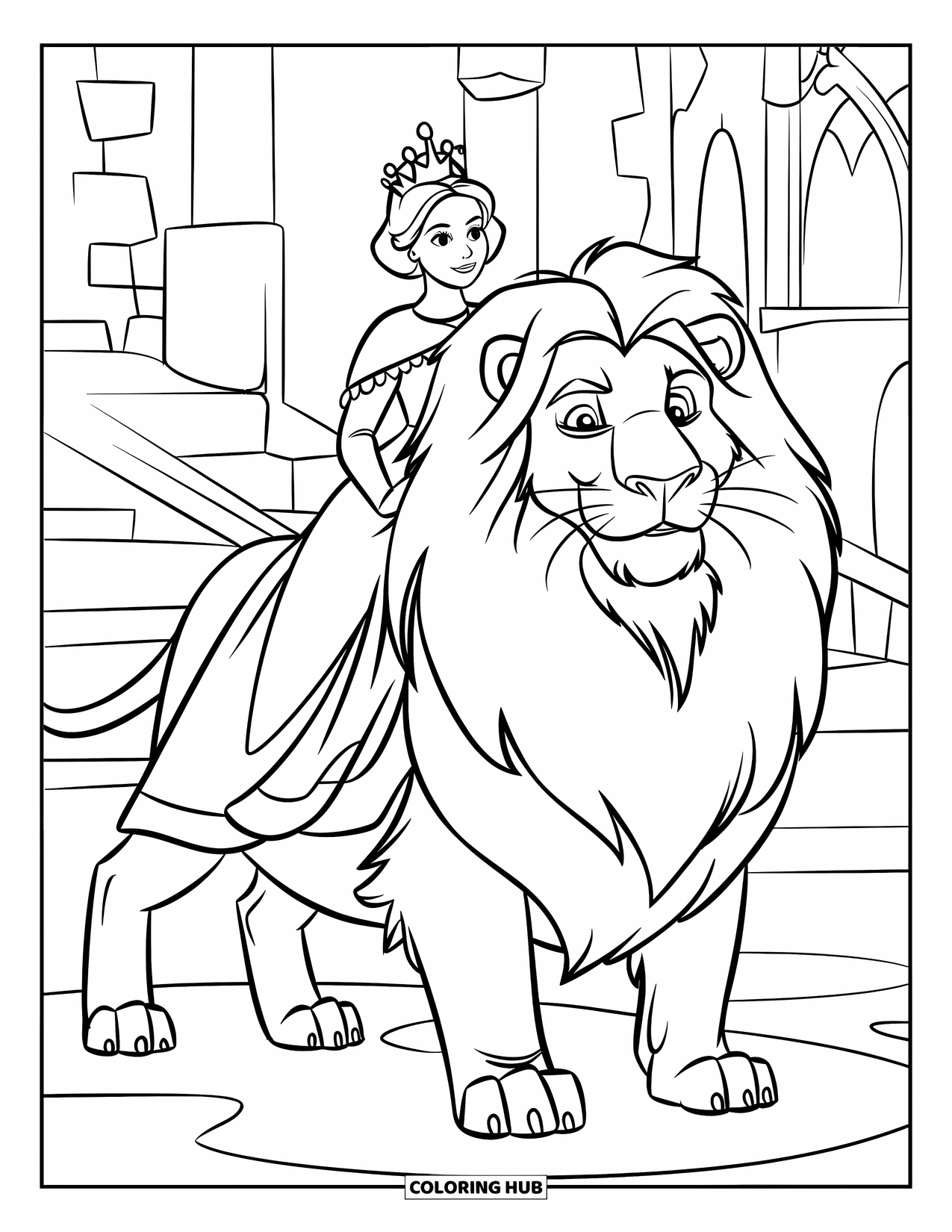 Queen Coloring Page for Kids: A queen rides a majestic lion near a castle