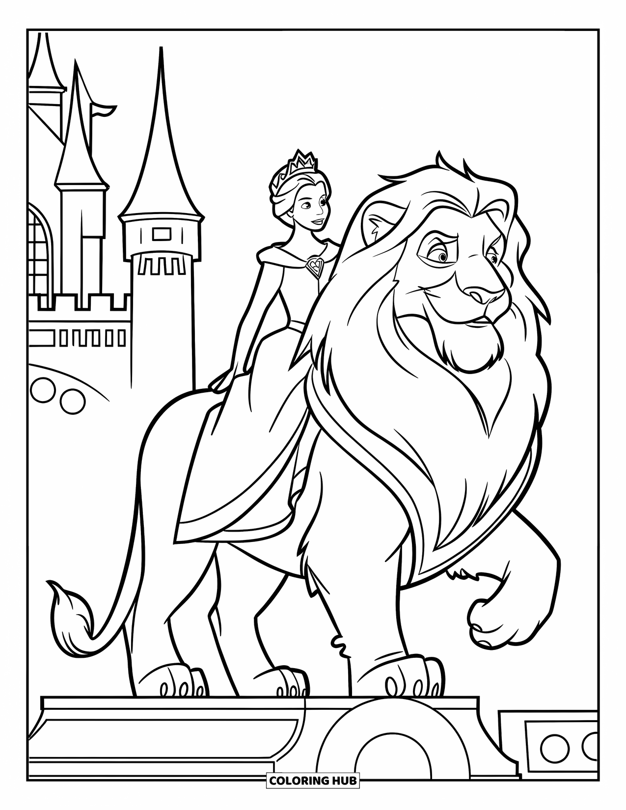 Queen Coloring Page for Kids: A queen rides a majestic lion on a throne near a castle