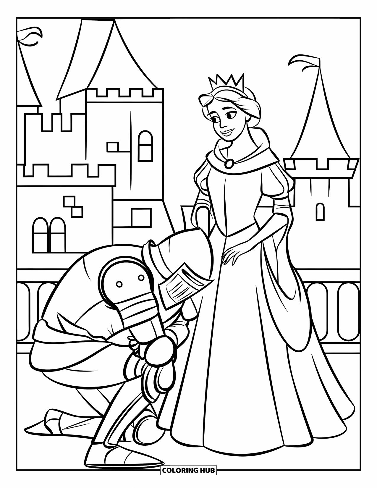 Queen Coloring Page for Kids: A queen stands beside a bowing knight near a castle
