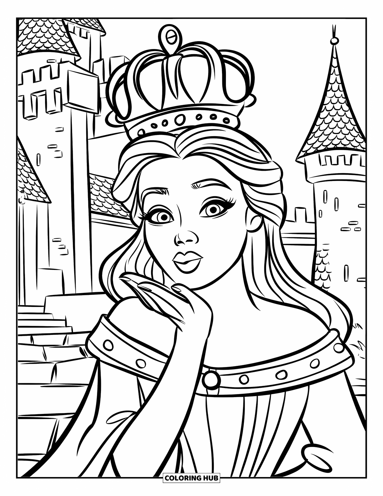 Queen Coloring Page for Kids: A queen with a big crown blows a kiss near castle towers
