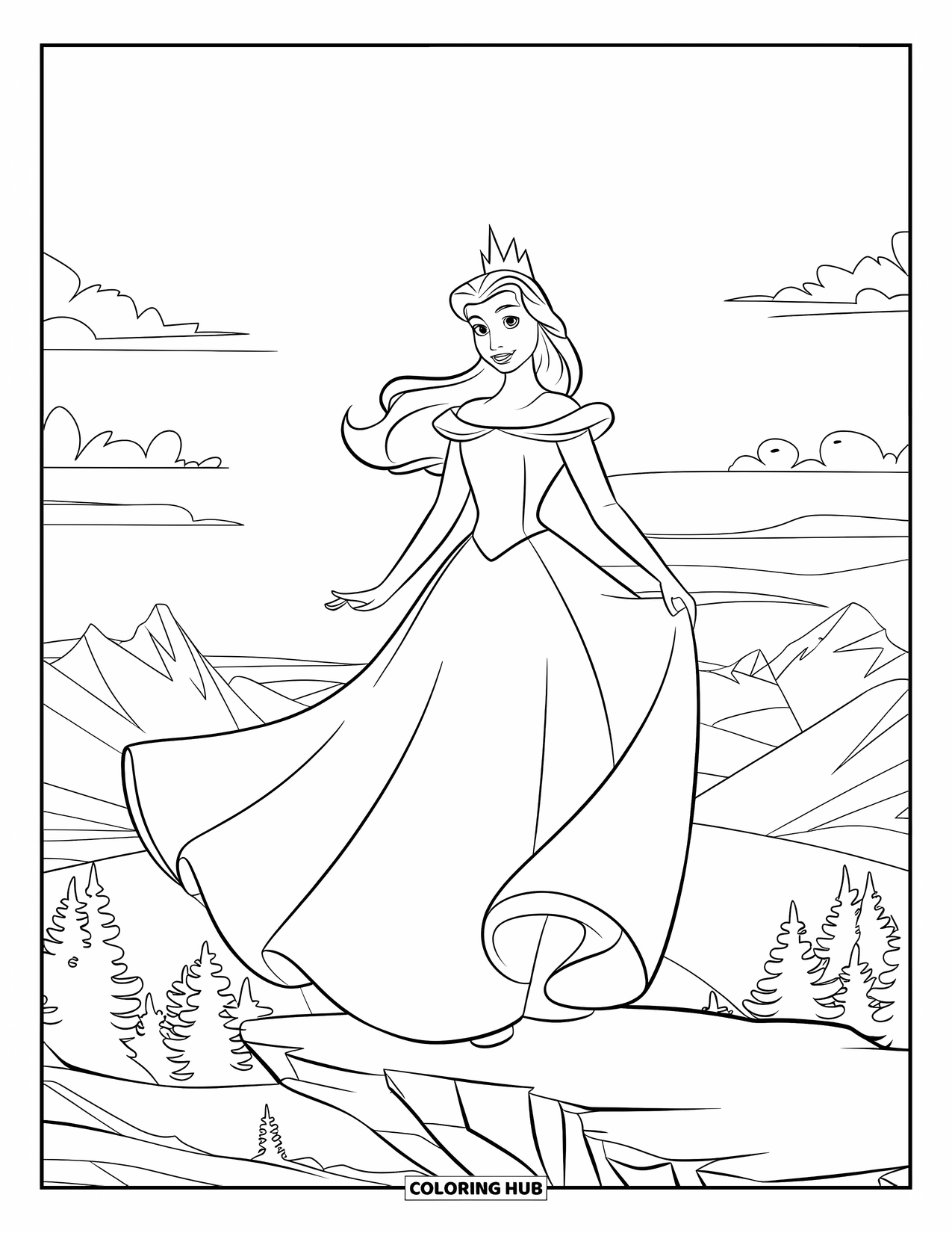 Queen Coloring Page for Kids: A queen with flowing hair stands on a mountain ledge overlooking a vast landscape