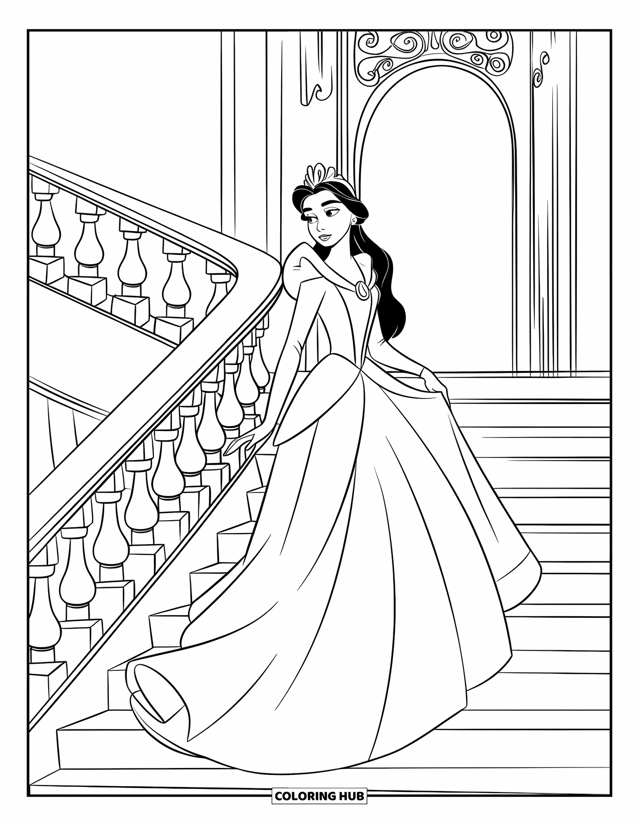 Queen Coloring Page for Kids: A regal queen walks up palace stairs framed by intricate arches